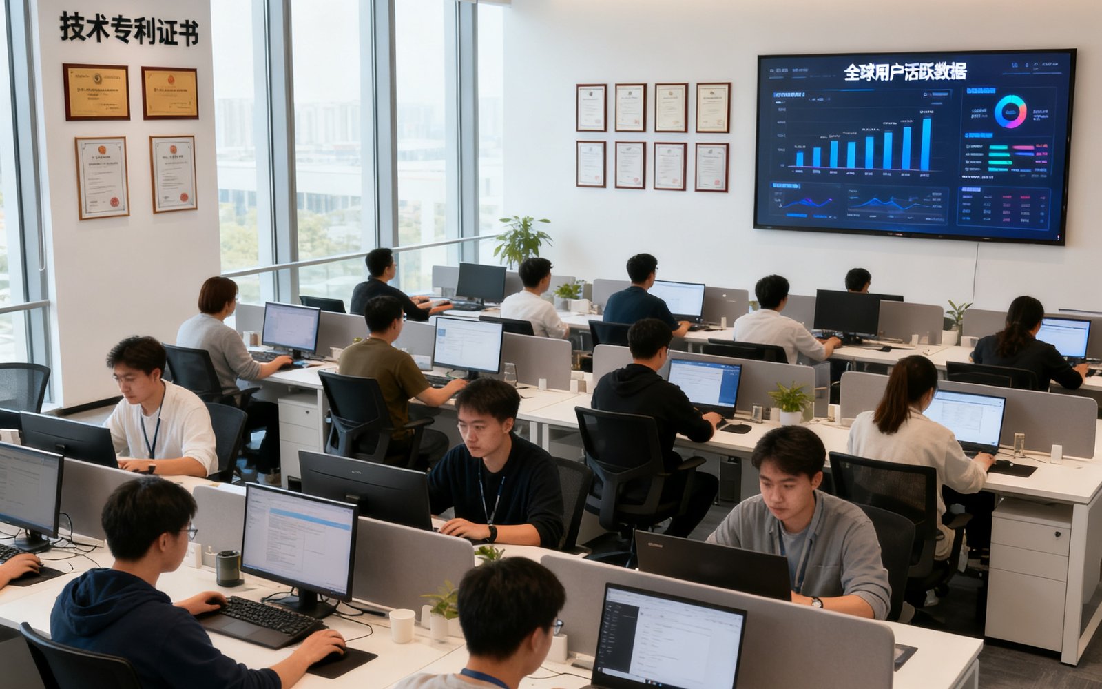 PT视讯北京总部开放式办公区内，约四十位团队成员正在各自工位上专注工作，背景墙上的大屏幕实时显示着全球用户活跃数据，办公环境现代简约，自然光线透过落地窗洒入，墙上挂着多块技术专利证书。