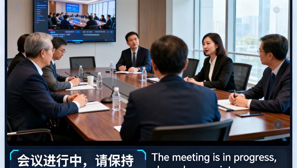 展示PT视讯AI实时翻译功能界面的截图，会议画面下方显示中英文双语字幕，翻译准确流畅。