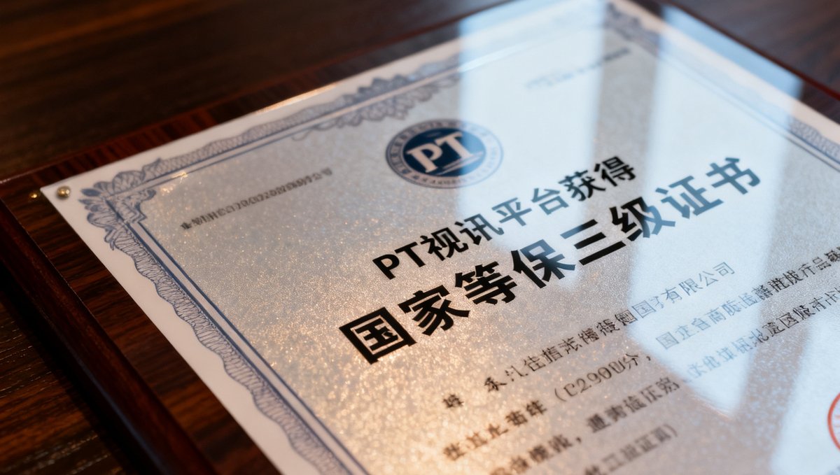 一张证书特写照片，PT视讯平台获得的国家等保三级认证证书摆放在深色木质桌面上，证书文字清晰可见。