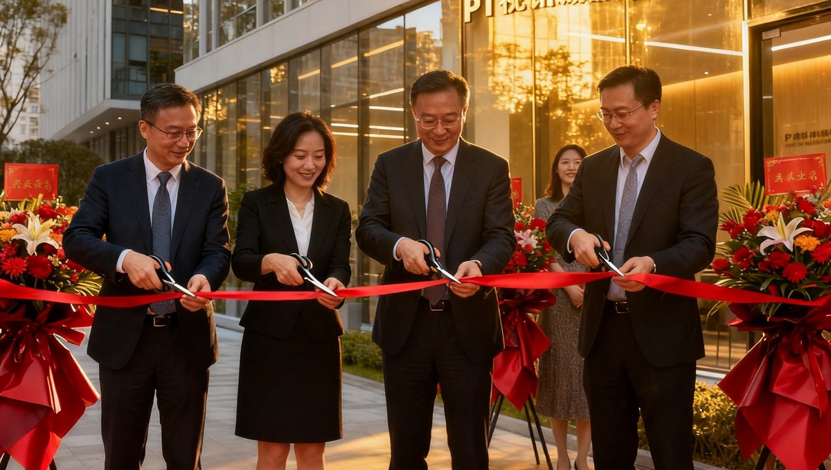 PT视讯成都服务中心开业典礼现场，几位公司高管共同剪彩，背景是崭新的办公大楼和祝贺花篮。