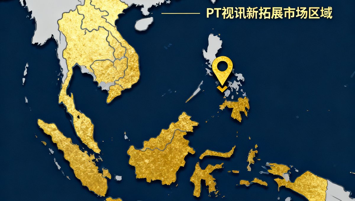 一幅东南亚地图上标注了PT视讯新拓展的市场区域，包括新加坡、马来西亚、泰国等地，用金色标记高亮显示。