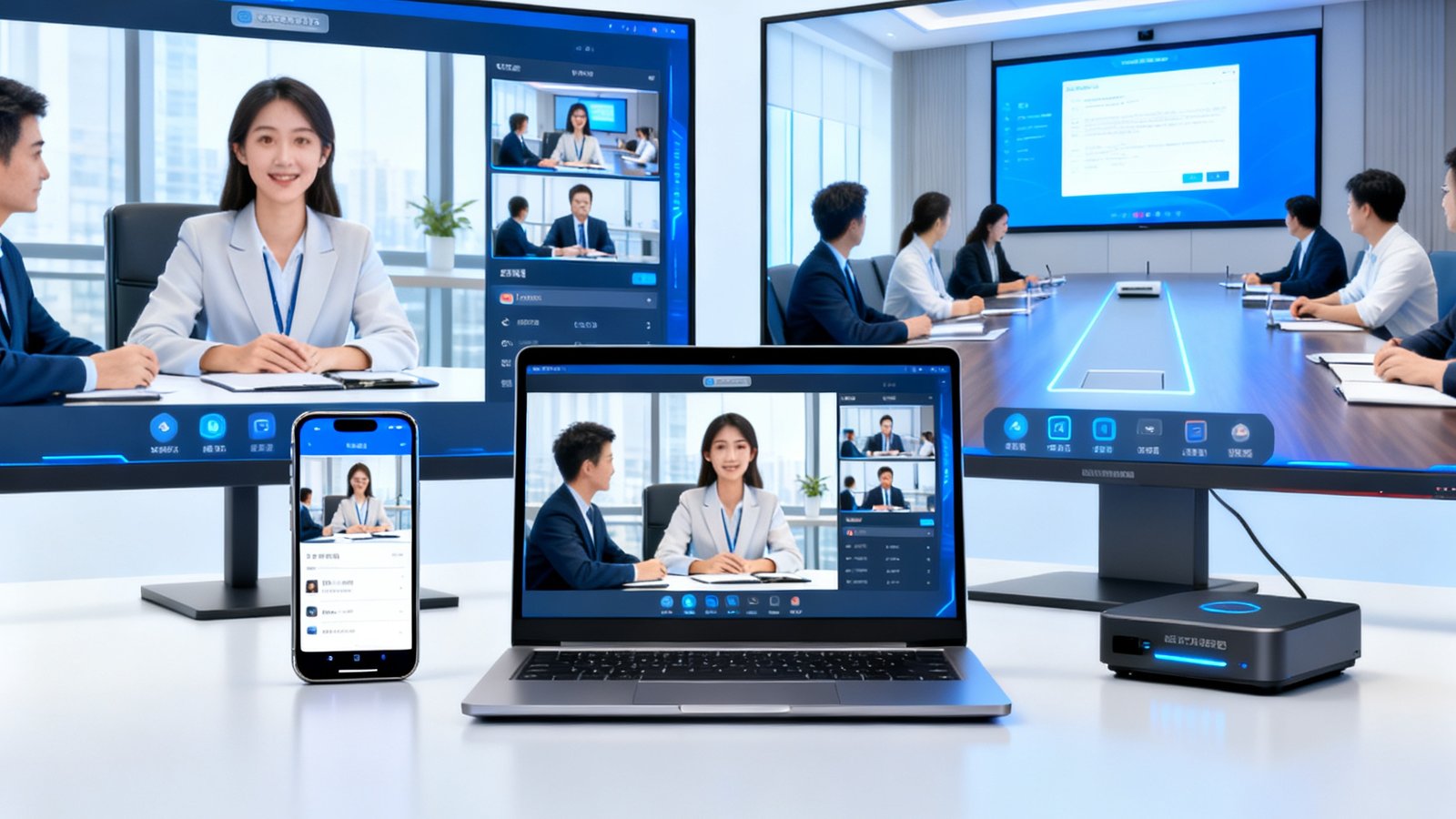 一幅多设备展示图，画面中央是一台笔记本电脑正在进行视频会议，左侧是智能手机同步参会，右侧会议室大屏通过硬件终端接入，三块屏幕显示同一个会议界面，画面完全同步，体现了PT视讯多终端无缝接入能力。