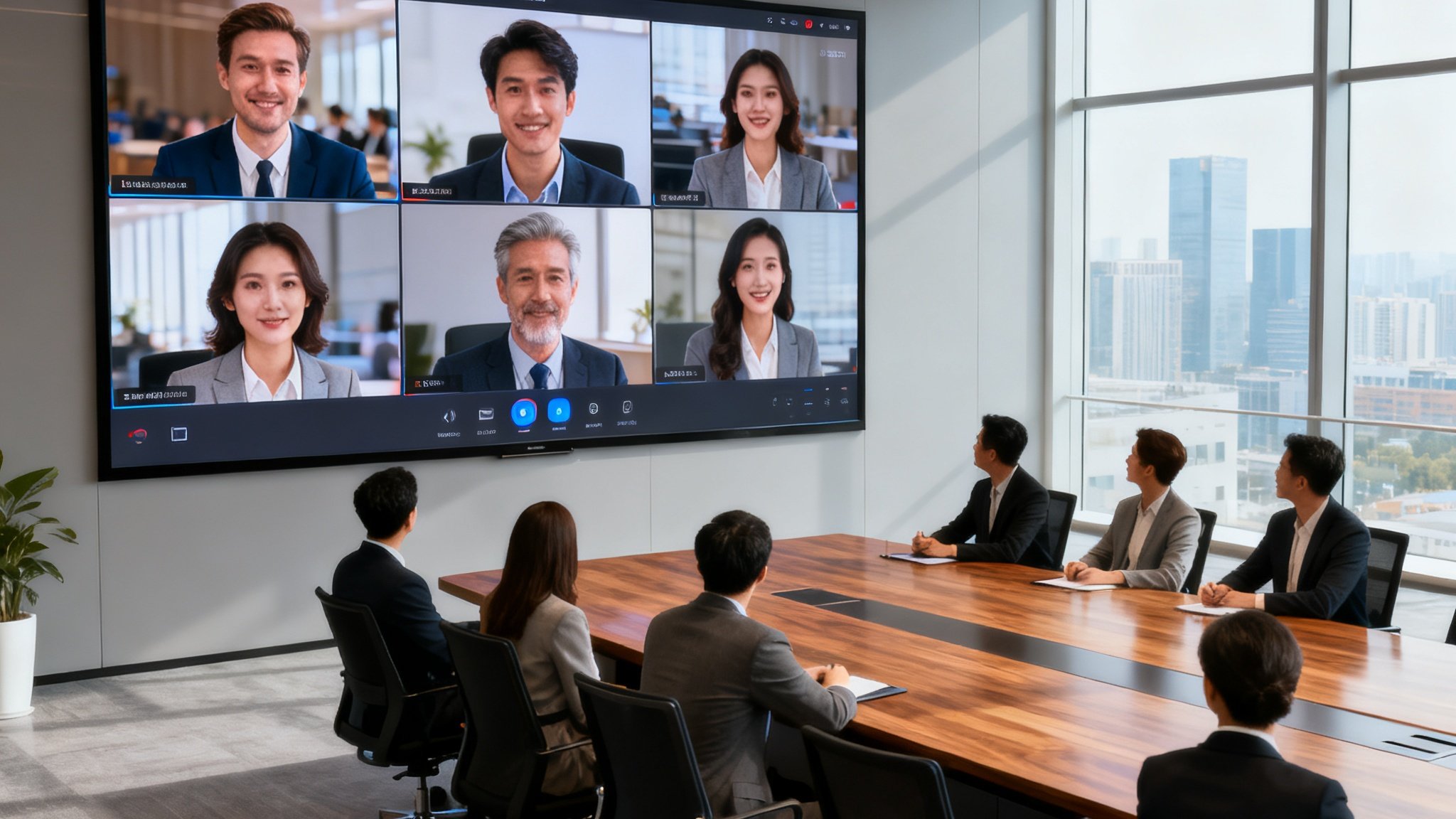 一间宽敞明亮的现代化企业会议室中，长会议桌周围坐着多位商务人士，墙面上的超大液晶屏幕正通过PT视讯平台进行4K超高清视频会议，画面中远程参会者的表情和细节清晰可见，会议室内自然光线与屏幕光线融合，营造出高效协作的商务氛围。
