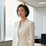 一位三十多岁的女性管理者，身穿米白色职业套装，短发干练，站在明亮的办公室窗前。